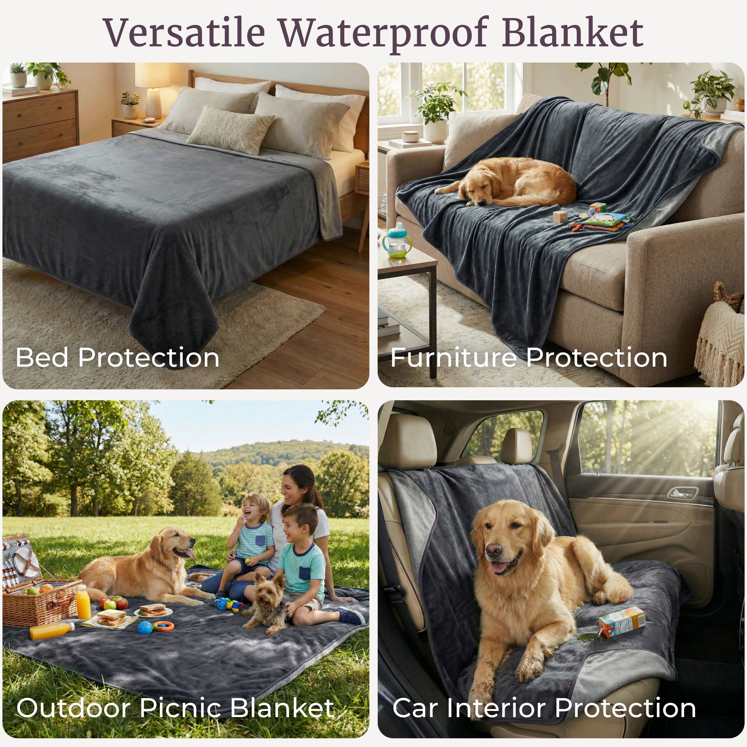 Lavish Home 80x80 Waterproof Blanket for Kids, Pets, and Outdoors (Gray)