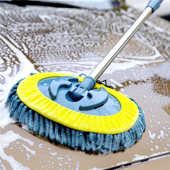Bxaolu 47.5" Car Wash Brush Mop Cleaning Tool with Long Handle Kit for Washing Detailing Cars Truck, SUV, RV, Trailer, Boat, 2IN-1 Chenille Microfiber Sponge Duster Not Hurt Paint Scratch Free