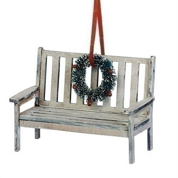 4" Cream and Green Rustic Bench with Wreath Christmas Ornament