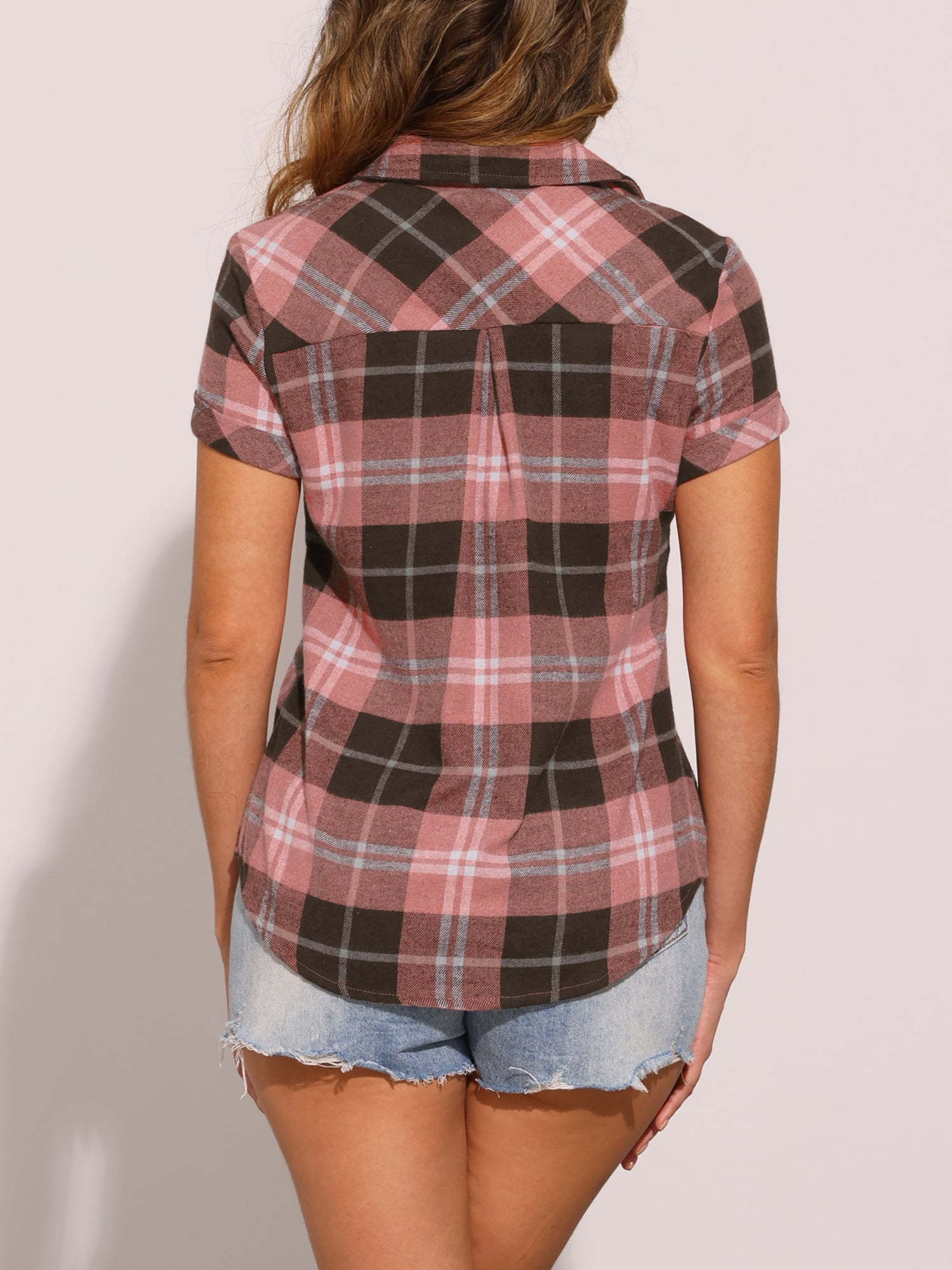 DARING DIVA Women's Casual Boyfriend Plaid Button Down Flannel Shirt XL Pink Brown