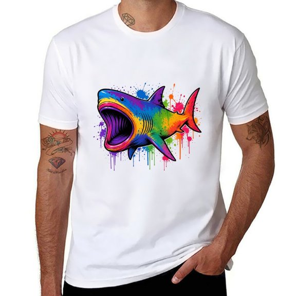 Men's Rainbow Splash Graffiti Shark Graphic T-Shirt, Cotton Crew Neck Short Sleeve Loose Casual Tee, Colorful Paint Drip Ocean Art Shirts