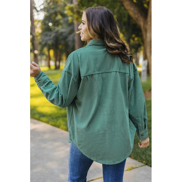 ABPHQTO Camisa de mujer de pana verde con bolsillo con botones