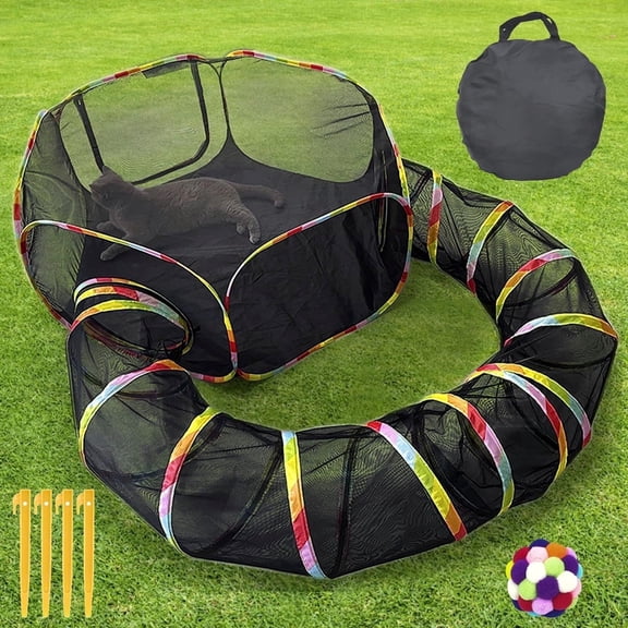 Portable 2-in-1 Outdoor Cat Enclosure with Tunnel & Carry Bag – Breathable Mesh Playpen for Cats, Small Dogs, Rabbits, Indoor & Outdoor Use