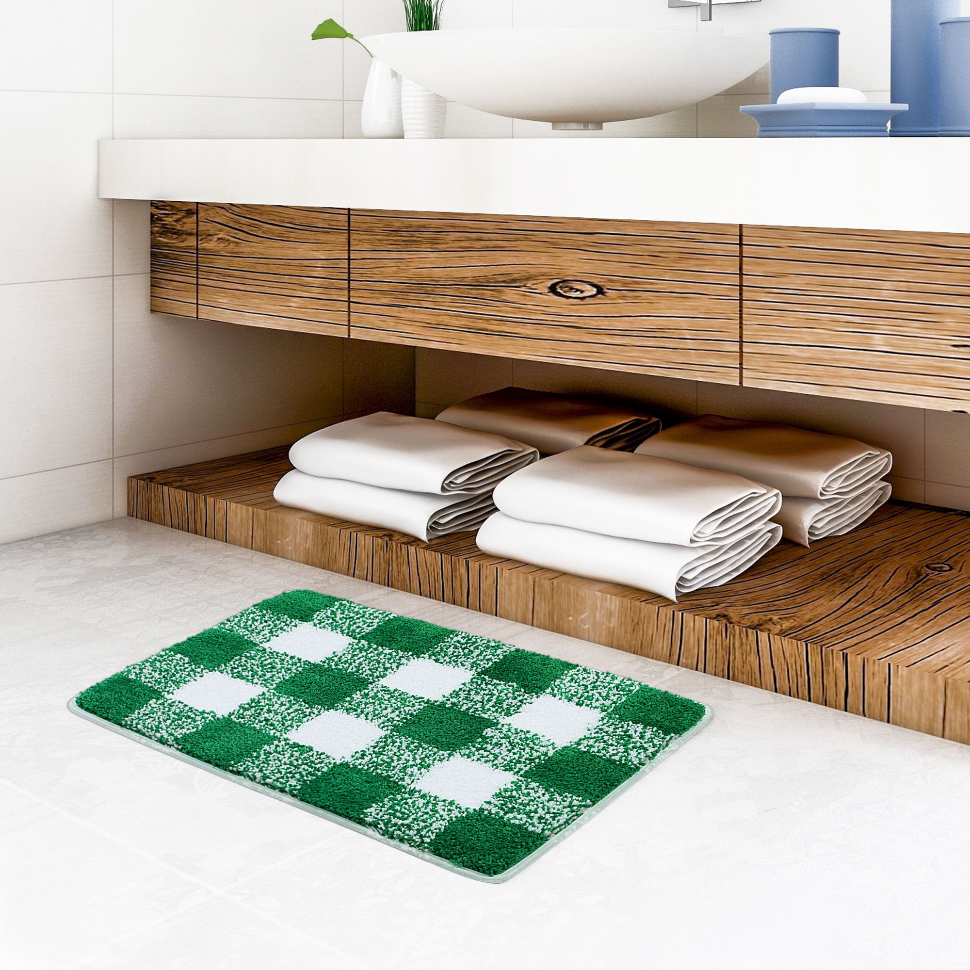 Unique Bargains Soft Microfiber Plaid Bathroom Rugs Green & White 17"x24"
