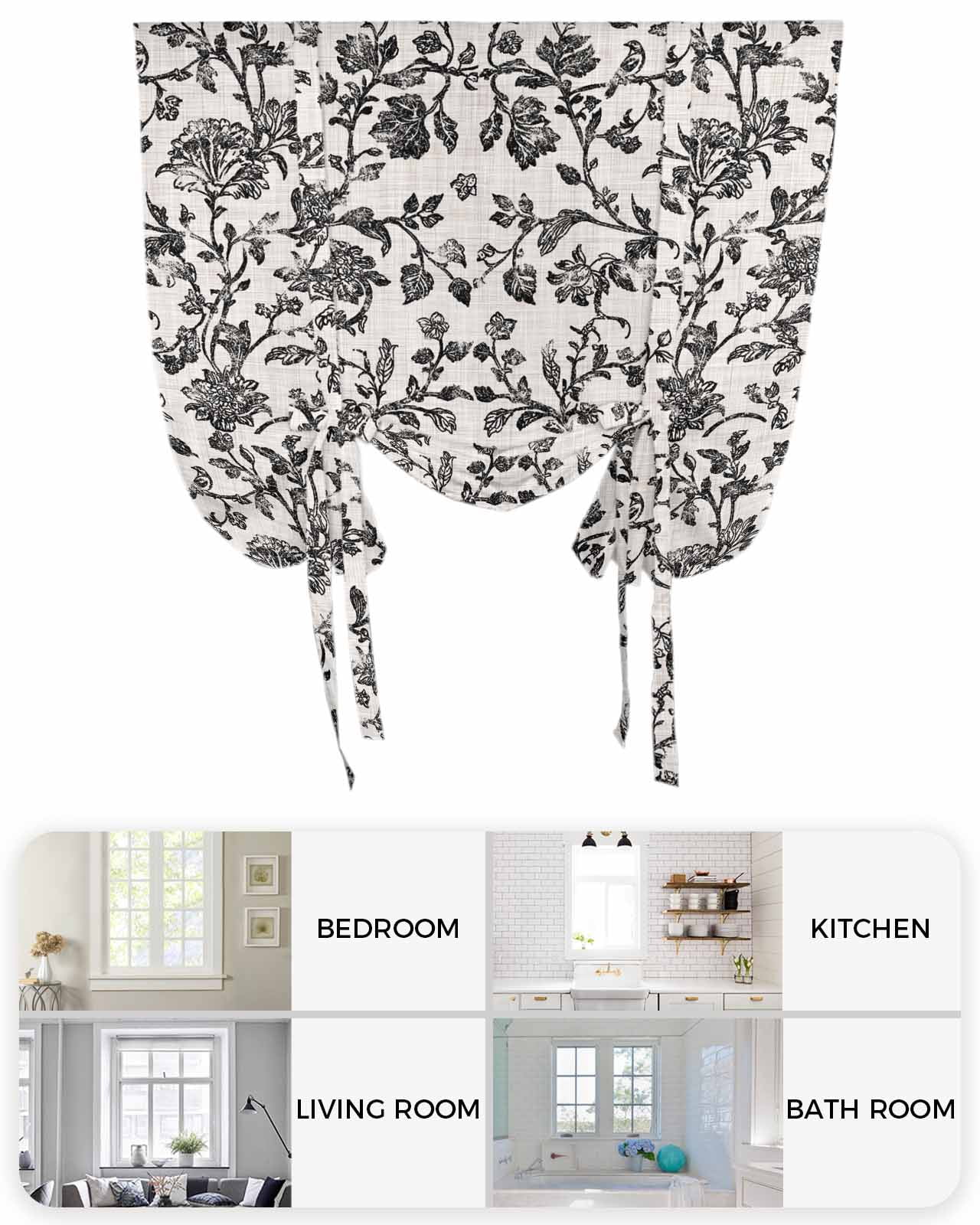 Farmhouse Black Tie Up Curtains for Window, Thermal Insulted Balloon Shade Adjustable Rod Pocket Curtains Valance Panels for Kitchen Bathroom Cafe 42 x 45 Vintage Flower Leaf Botanical Plant