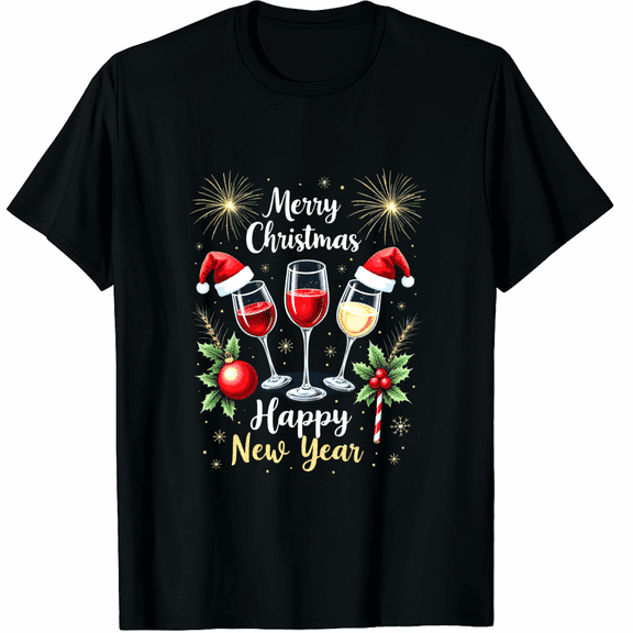 Merry Christmas and Happy New Year Fireworks Holiday Graphic T-Shirt, Festive Top for Men and Women