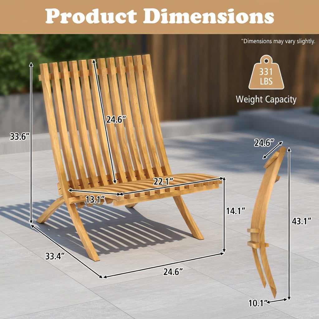 Hommoo Folding Teak Wood Outdoor Lounge Chair, Ergonomic Slatted Design, Compact Foldable for Patio, Backyard & Fire Pit Use, Natural