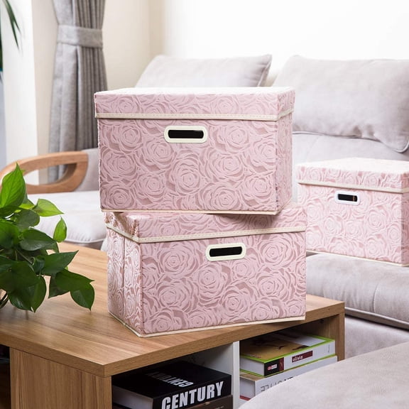 RGHJAR-Collapsible Storage Boxes with Lids Fabric Decorative Storage Bins Cubes Organizer Containers Baskets with Cover Handles Divider for Bedroom Closet Living Room 14.9x9.8x9.8 Inch 1 Pack