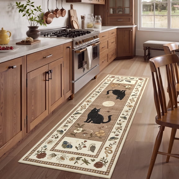 ZACOO 2'x6' Cat Runner Rug, Machine Washable Ultra Thin NonSlip Whimsical Floral Border Carpet for Hallway for Entryway Kitchen, Beige