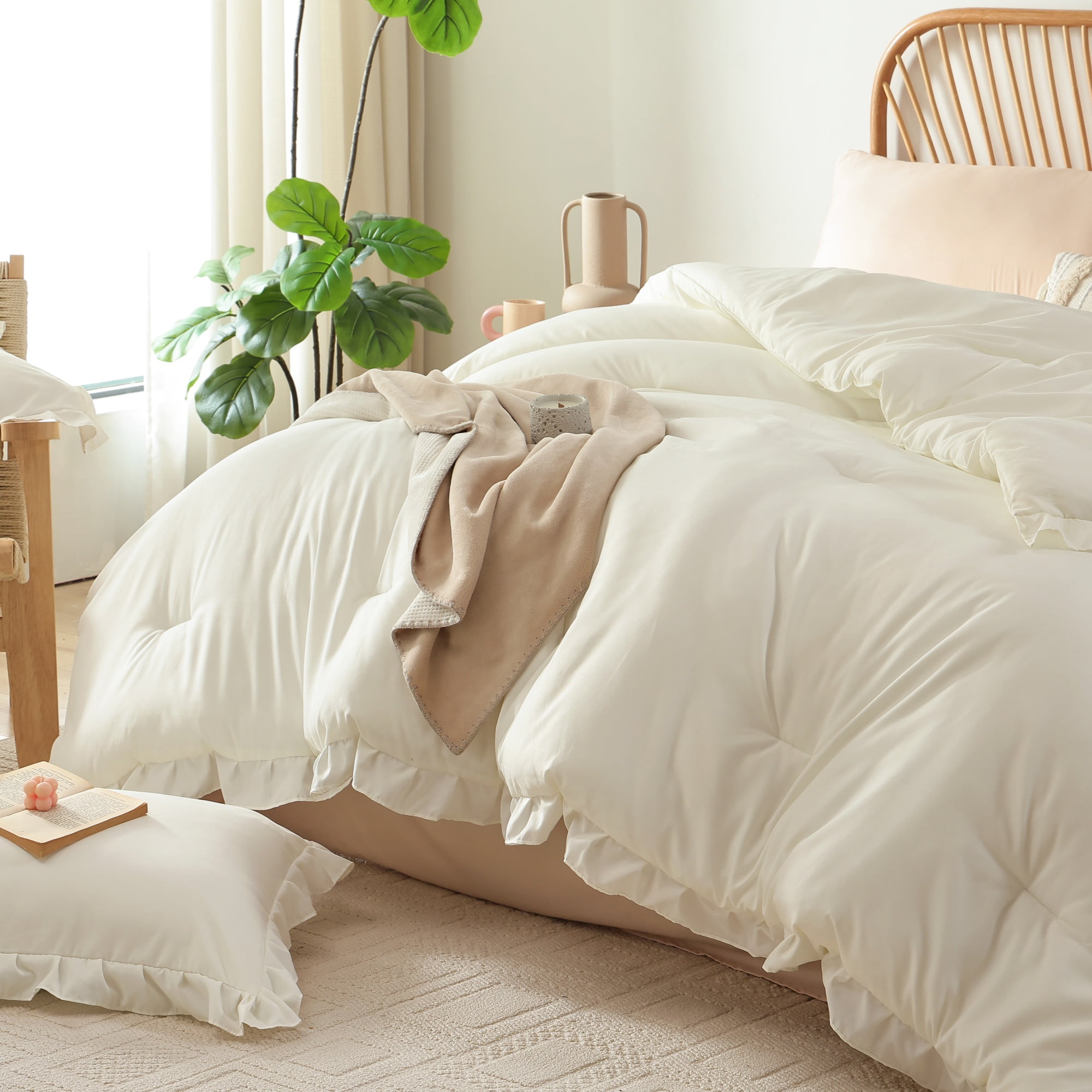 SPRINDAY Queen Comforter Set For Adult, 3 Piece Ruffle Oatmeal Comforter Sets All Season