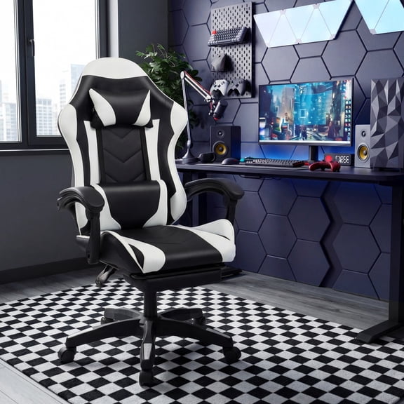 BUPPLEE Ergonomic Adjustable PVC Game Desk Chair, 360° Swivel & 90°-135° Recline, Height Adjustable Office Chair for Home, Red, Blue, Black, White