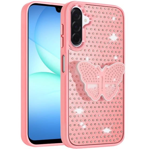 XPM for Samsung Galaxy A17 5G Phone Case, Butterfly Moveable Grip 3D Pop Stand Full Diamond Bling Sparkling TPU Fashion Hybrid Cover for Galaxy A17 (Pink)
