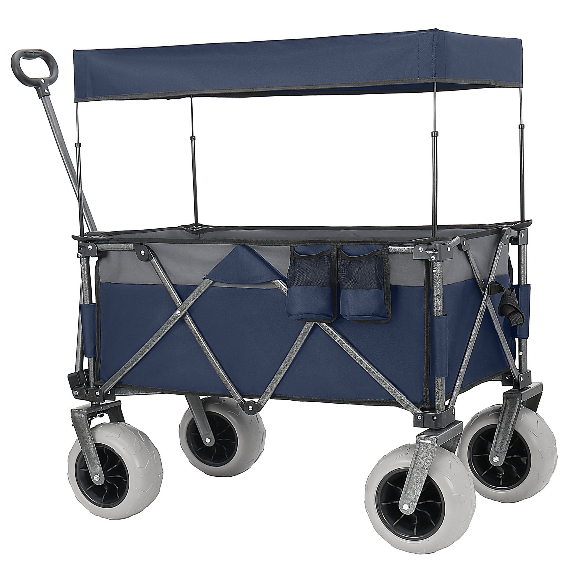 Foldable Utility Wagon with Removable Awning Canopy, 9"×4" All-Terrain Balloon Wheels, 480LBS 120L Heavy Duty Beach Cart Adjustable Handle for Camping Shopping