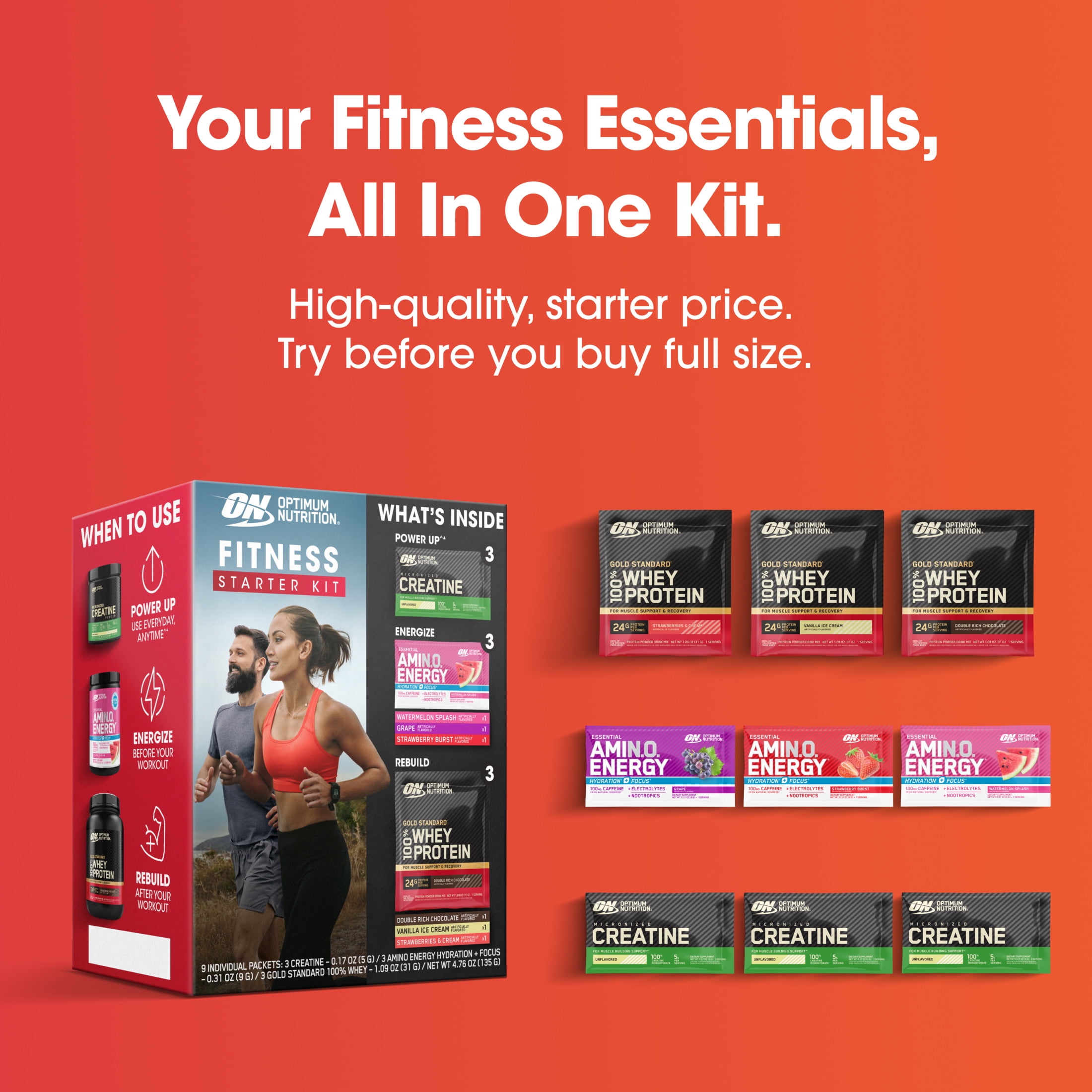 Optimum Nutrition Fitness Starter Kit - Includes Gold Standard 100% Whey Protein, Amino Energy, Micronized Creatine - 9 Packet Sample Size