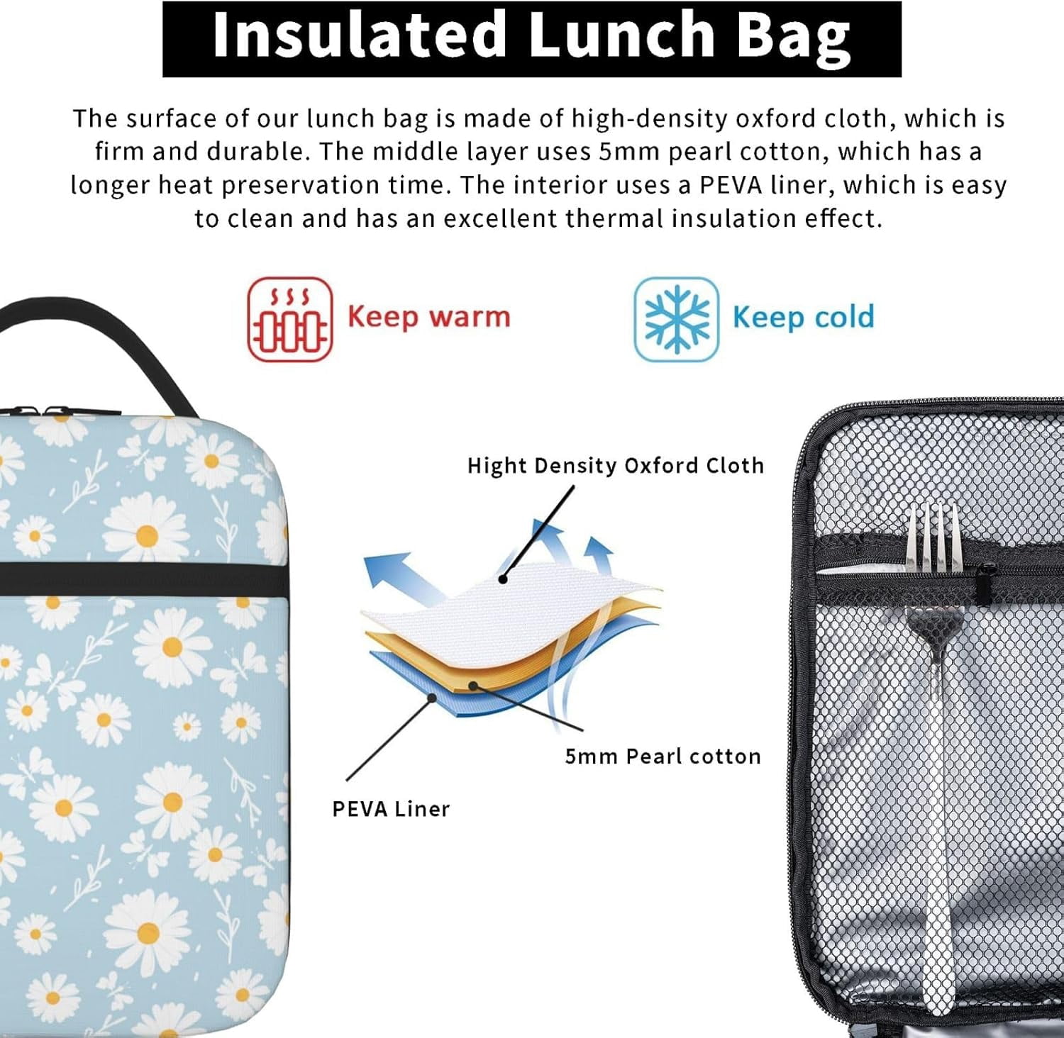Blue Daisy Flower Insulated Lunch Bag Kids Lunch Box for Girls Boys Bento Lunch Box Cooler Bag with Front Pocket Cute Lunch Tote Bag Lunchbox for Work Office School Picnic