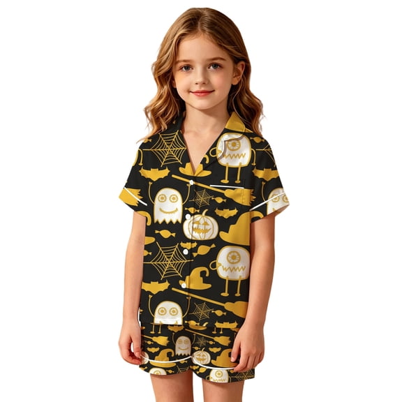 JIAYUE Girls Pajamas Halloween Graphic Short Sleeve Notched Collar Button Top And Shorts Two Piece Sleepwear Set for Summer Nightwear,2-3 Years