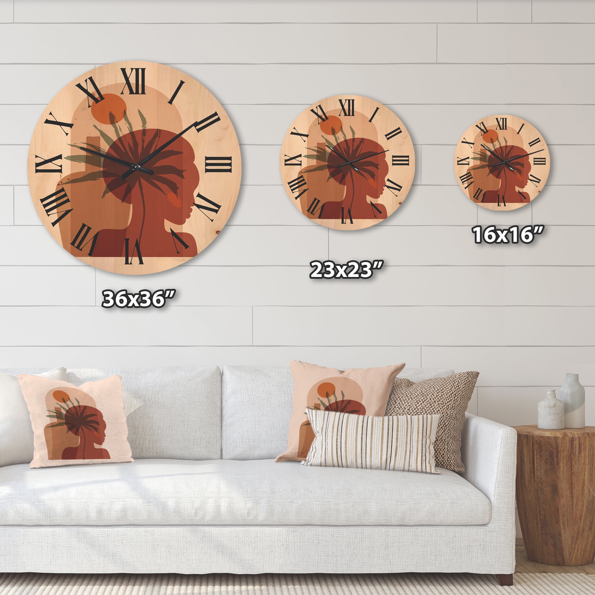 Designart 'Abstract Pretty Girl Portrait and Tropical Palm Leaf' Modern Wood Wall Clock
