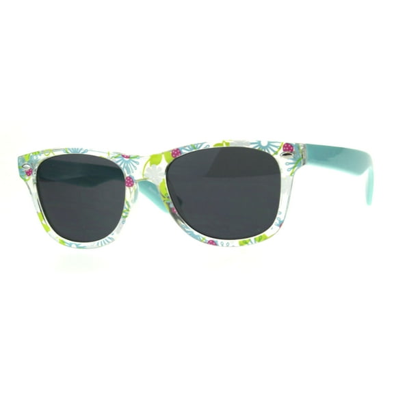 Kids Girls Hipster Horned Rim Flower Print Plastic Sunglasses Blue