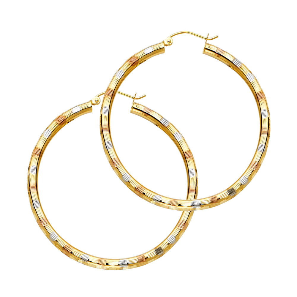 Ioka 14K Gold 3mm Thickness Diamond Cut Hoop Hinged Earrings 
