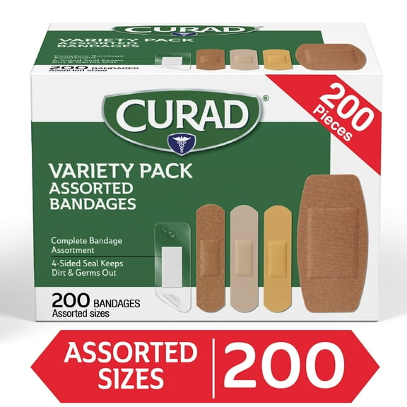 Curad Variety Pack 4-sided Seal Bandages 200/Box - Assorted - Fabric, Plastic