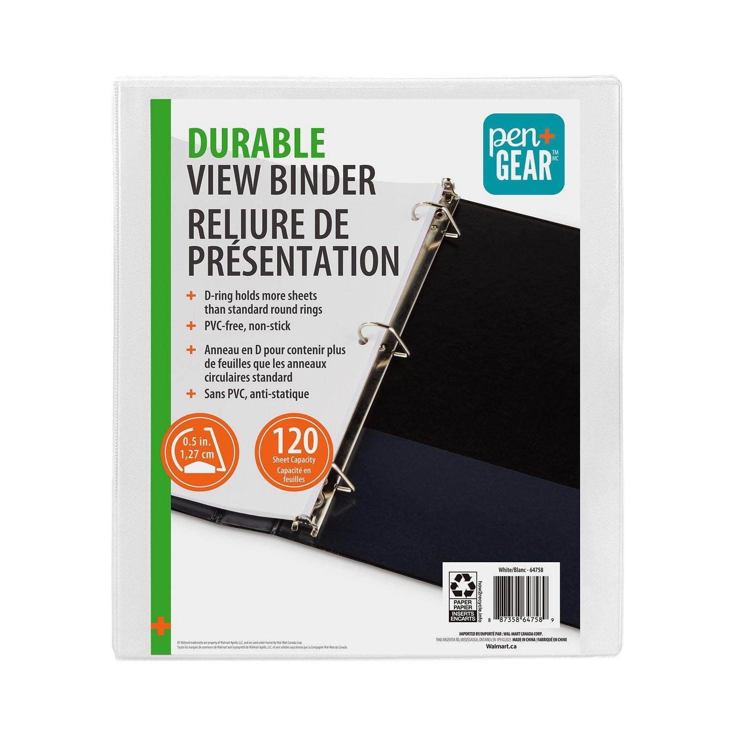 PEN+GEAR 1/2" DURABLE VIEW BINDER, Slant D-Ring, WHITE, PG DV 1/2`` BDR WHT