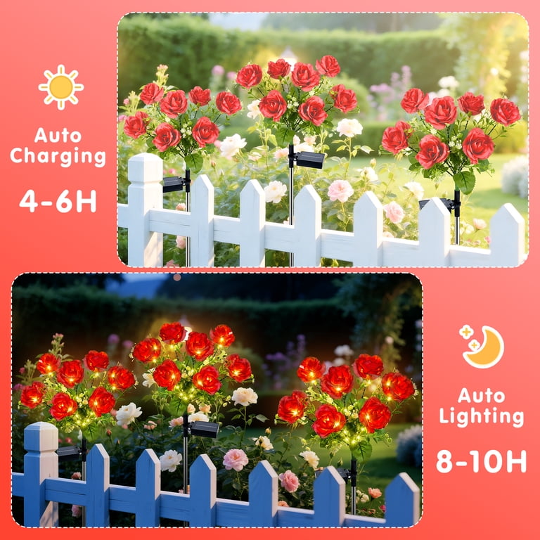 Qoosea Solar Rose Lights, 2 Pack 7 Head Red Flowers photo 6