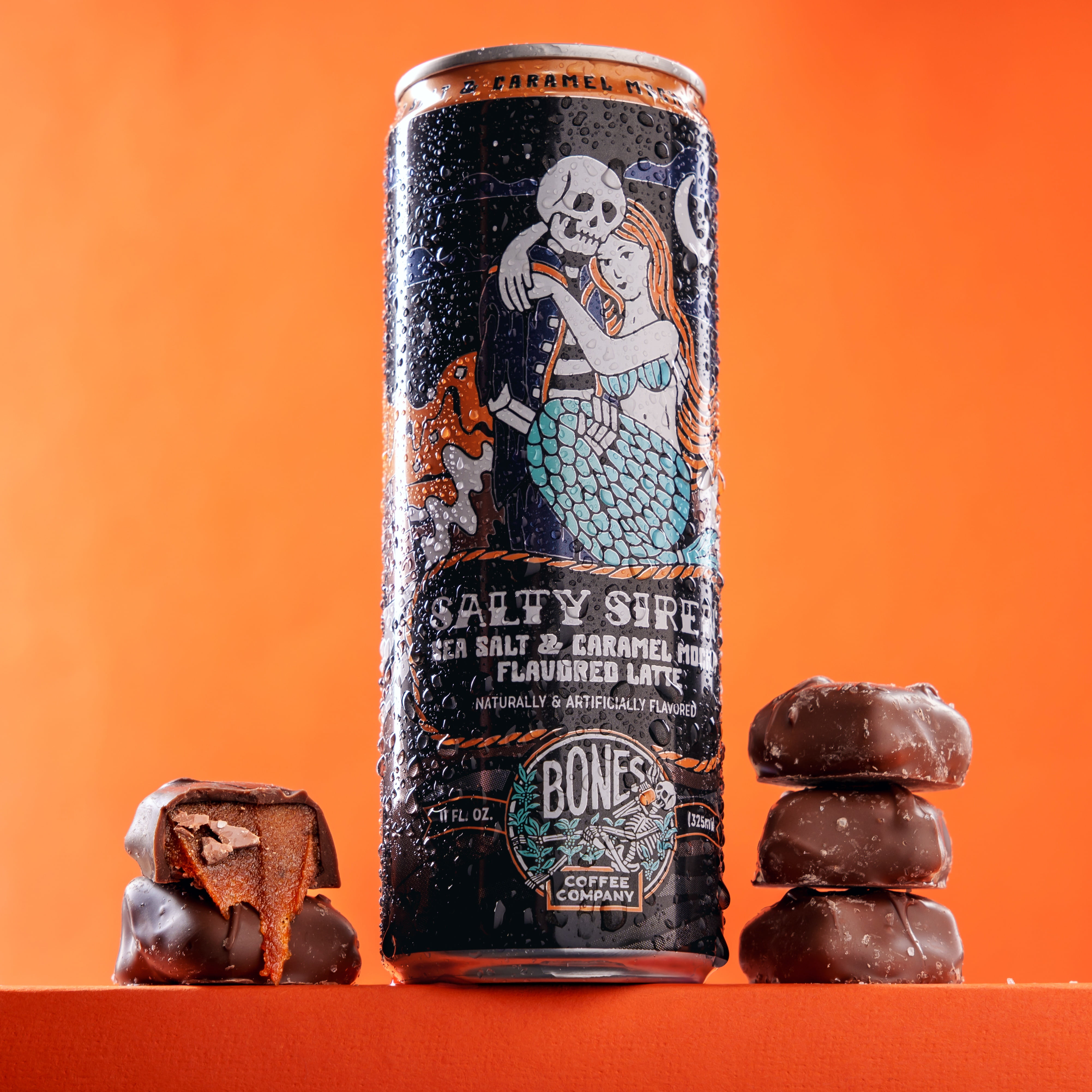 Bones Coffee Salty Siren Latte, Caramel Mocha Sea Salt Flavored Ready-to-Drink Coffee with Cows Milk, 11 fl oz Can