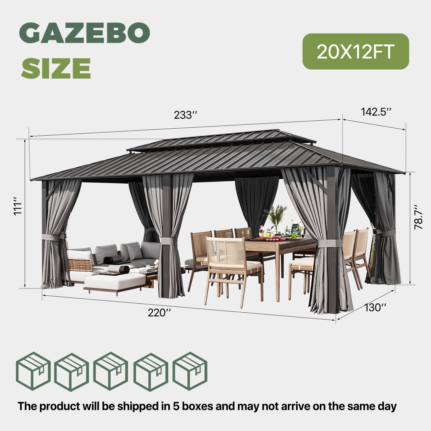 BaPiPro 12'x20' Hardtop Gazebo, Outdoor Steel Double Roof Metal Gazebo with Curtains and Nettings, Aluminum Frame Permanent Pavilion for Patio Garden Backyard, Gray