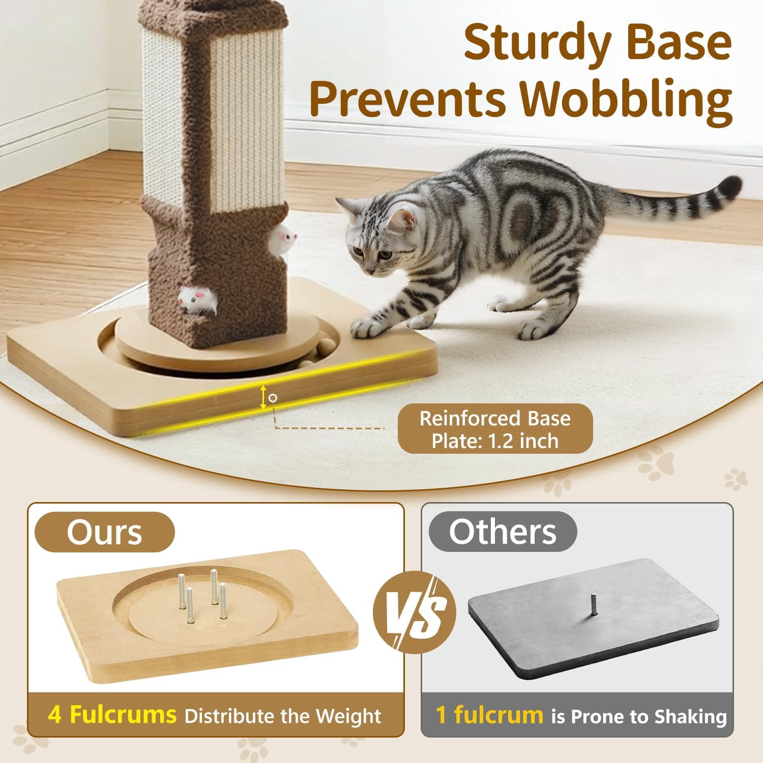 Tall  Scratching Post for Large Cats Kittens, 33 Indoor Sisal Vertical Pole Heavy Duty Square Structure with 4 Interactive Mouse Holes and Track Ball Base, Shields Furniture from Scratches