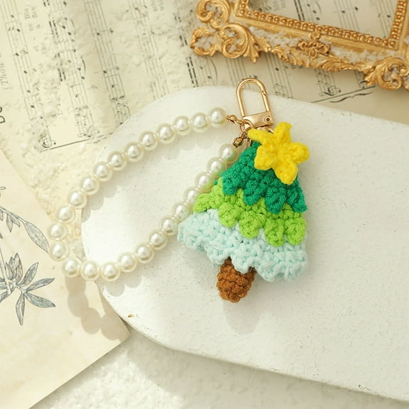 Anhility Pearl Chain Keyring with Knitted Christmas Tree Pendant Knitted Keychain Trendy Christmas Tree Key Chain Ornaments Women's Keyrings and Keychains, Green