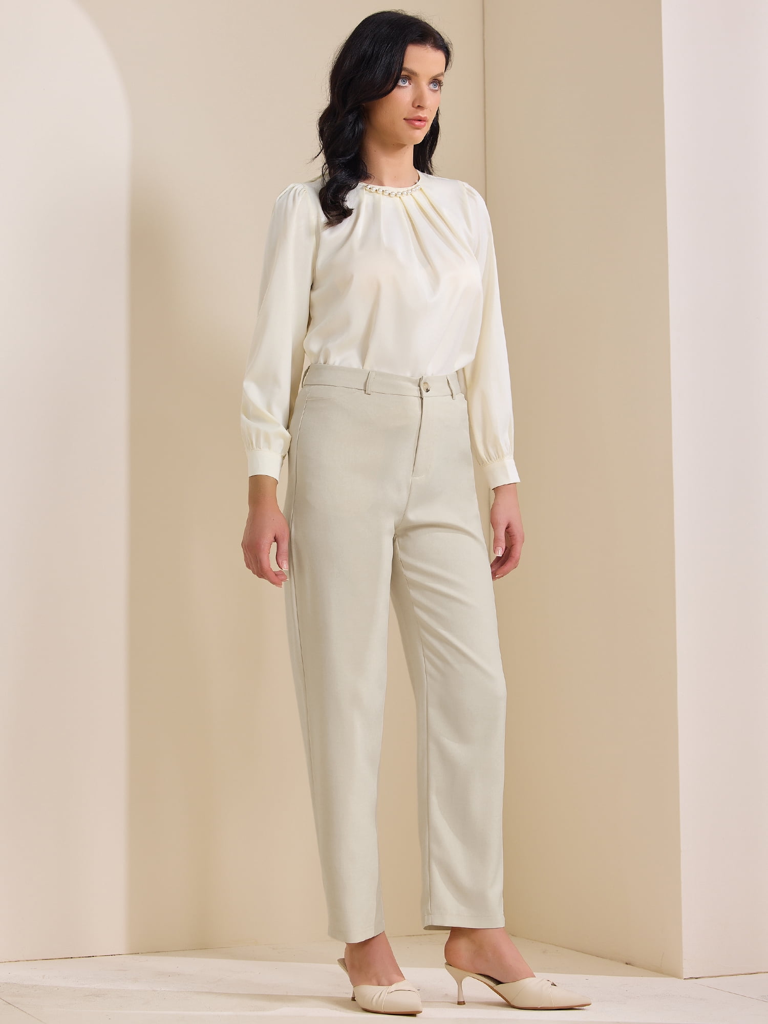 DARING DIVA Women's Straight Leg Dress Pants Packets Formal Long Trousers XX-Large Beige