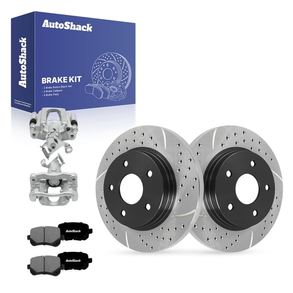 AutoShack Rear Solid Drilled & Slotted E-Coated Brake Rotors   Premium Ceramic Pads   Calipers 8-PC Brake Kit Replacement for 2009-2012 Dodge Journey ShadowGuard 12" (304.9 mm)