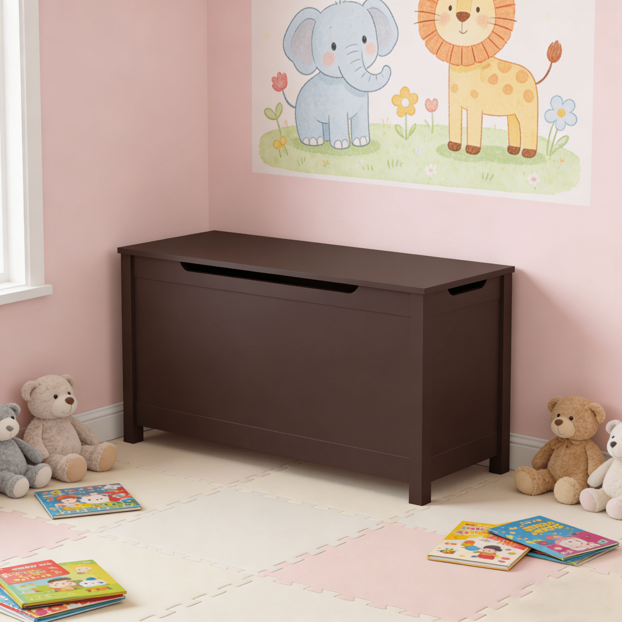 Kids Wooden Toy Box Storage Chest with Safety Hinged Lid, Coffee Brown, Sturdy Organizer for Toys Books
