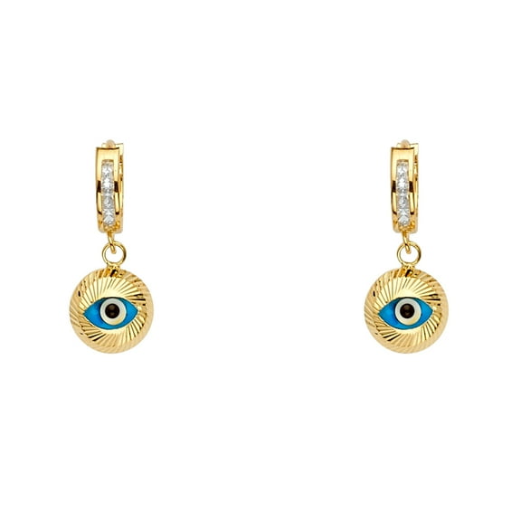 Wellingsale Ladies 14k Yellow Gold Polished Evil Eye Dangle Huggie Earrings (22 x 8 mm)