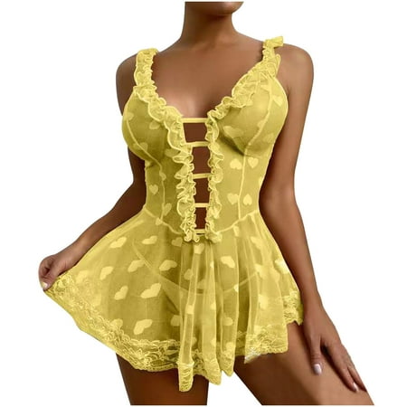 

QENGING Spring Dresses for Women Plus Size Sexy Soild Heart Print Lace Splicing Mesh Nightdress Yellow 2023 Deals