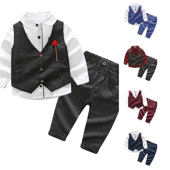 Toddler Boy Casual Clothing Set Long Sleeved Lapel Shirt Top Vest Jacket Overalls Three Piece Suit Set Size 2-3T ,Black