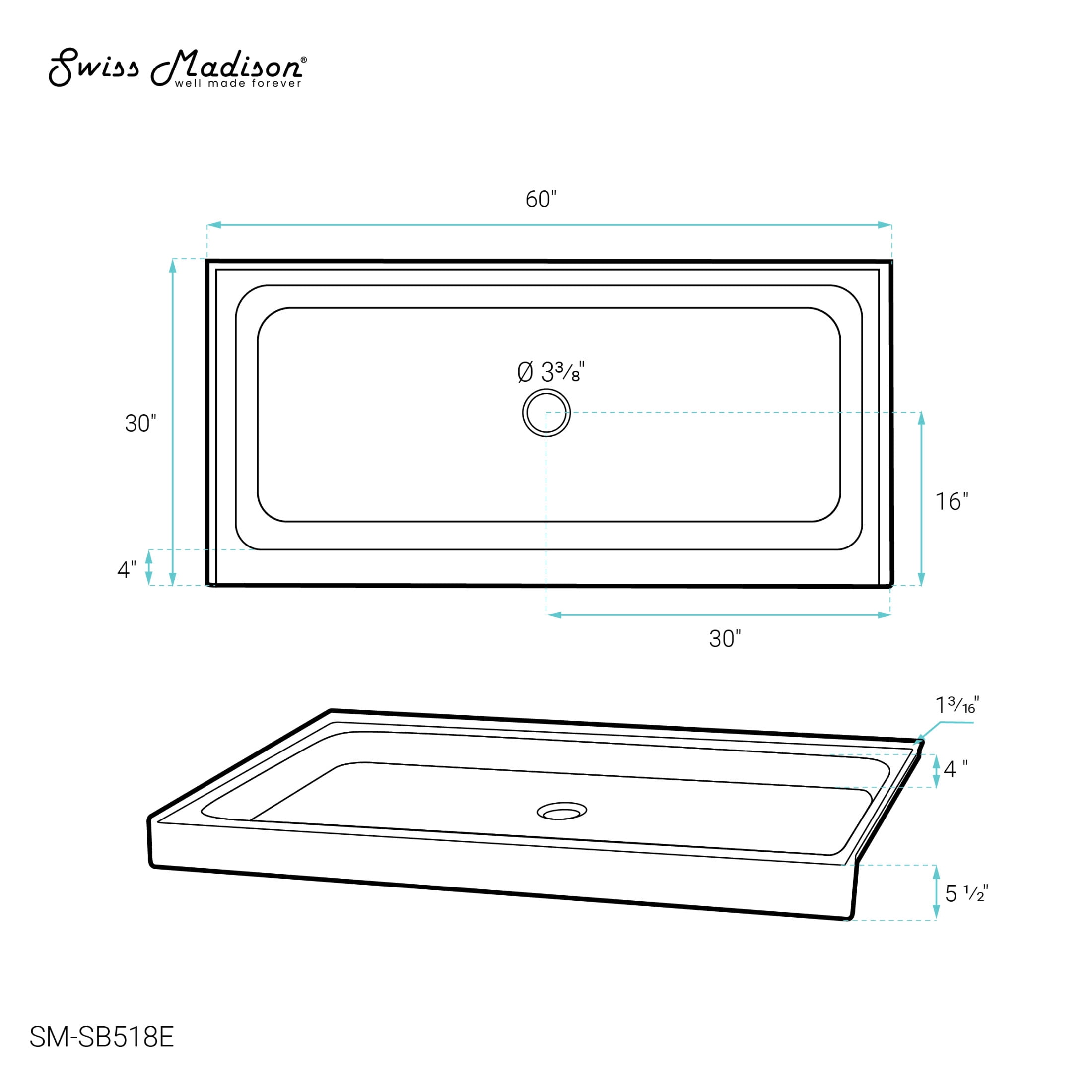Voltaire 60" x 30" Single-Threshold, Center Drain, Shower Base in Gray