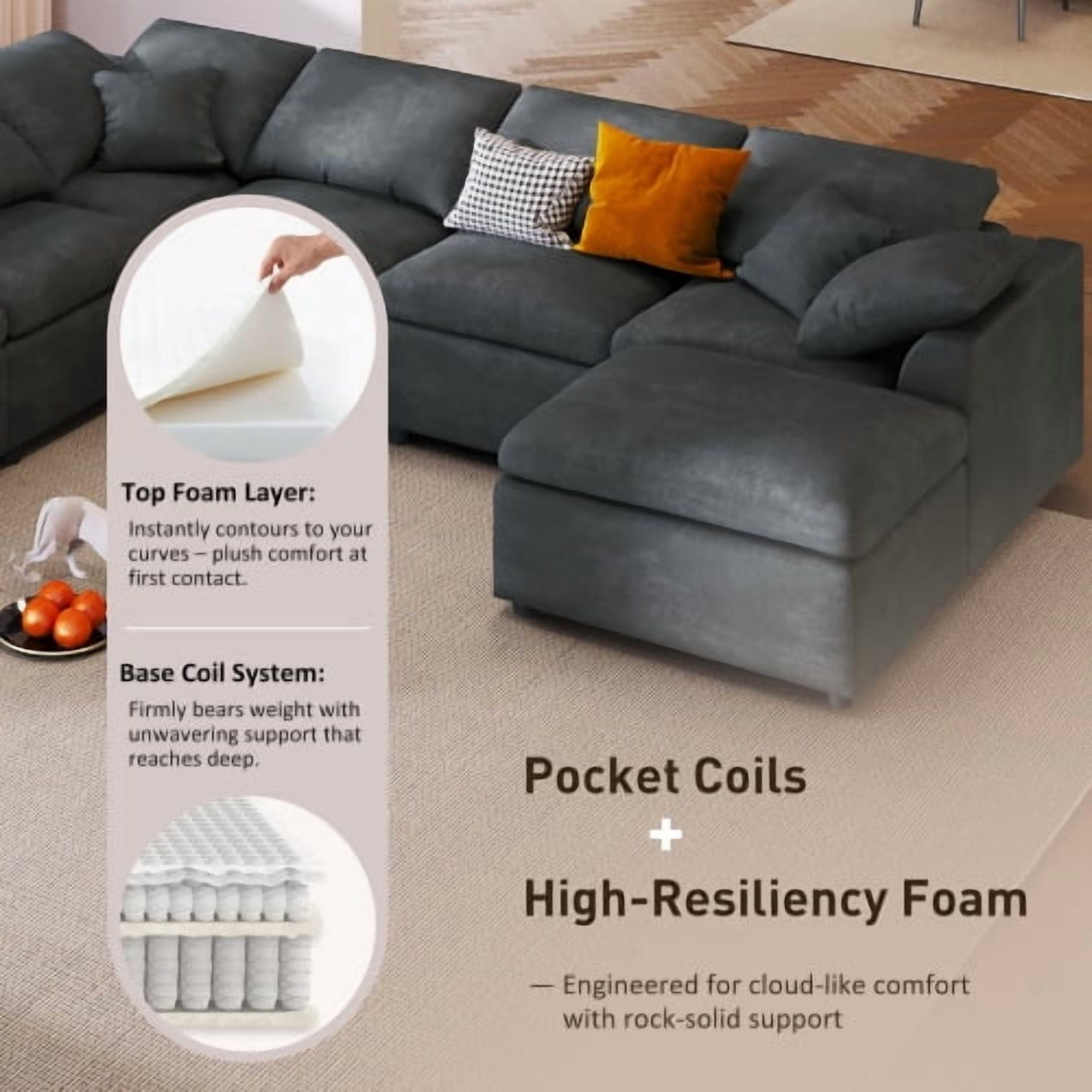 120.8" U_Style Extra Large 7-Seater L-Shape Modular Sectional Sofa with Movable Ottoman, Plush Chenille Fabric, Solid Pine Wood Frame for Living Room and Office, Gray