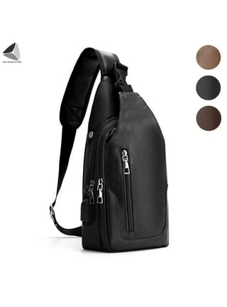 Amerteer Men's Leather Sling Bag,Chest Shoulder Backpack, Water waterproof Crossbody  Bag with Headphone Hole for Travel, Hiking,Cycling (Black) 