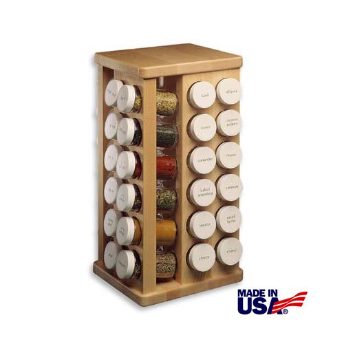 Wood Carousel Spice Rack with Glass Spice Bottles 48 Bottle Rack