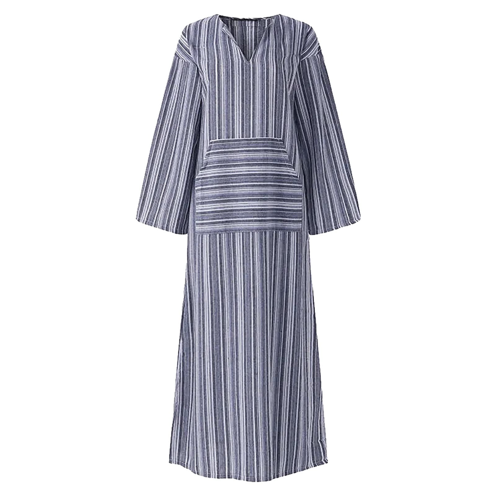 pstuiky Womens Sundress, Women Summer Cotton and Linen Long Skirt Striped Print Dress Long-Sleeved V-Neck Dress Maxi Skirt with Pocket Leisure Sales Today Clearance Gray XXL