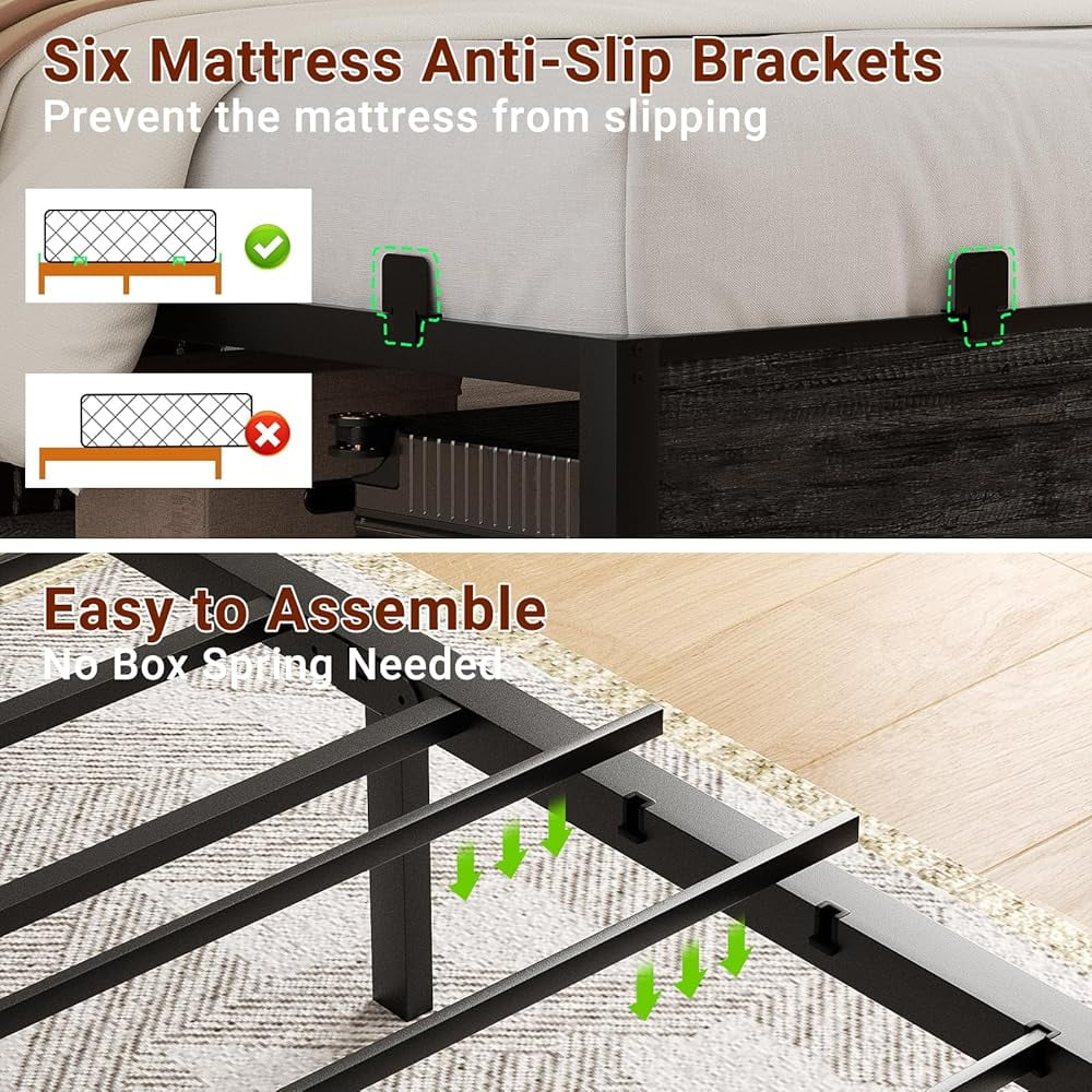 iSunirm Full Size Platform Bed Frame with LED Lights, Storage Headboard and Charging Station, Steel Slat Support, Noise Free, No Box Spring Needed, Easy Assembly, Black Oak