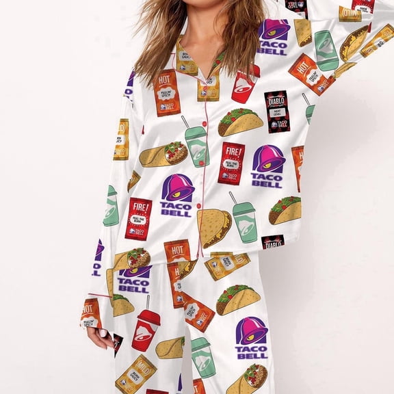 SheShow Fast Food Print Silky Casual Long Sleeve Pajama Set for Women, White, XXXL