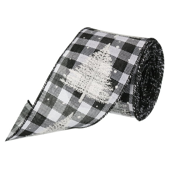 Uxcell 2.5 Inch x 10Yard Plaid Ribbons with Christmas Tree Printed, Wired Edge Ribbon, White Black