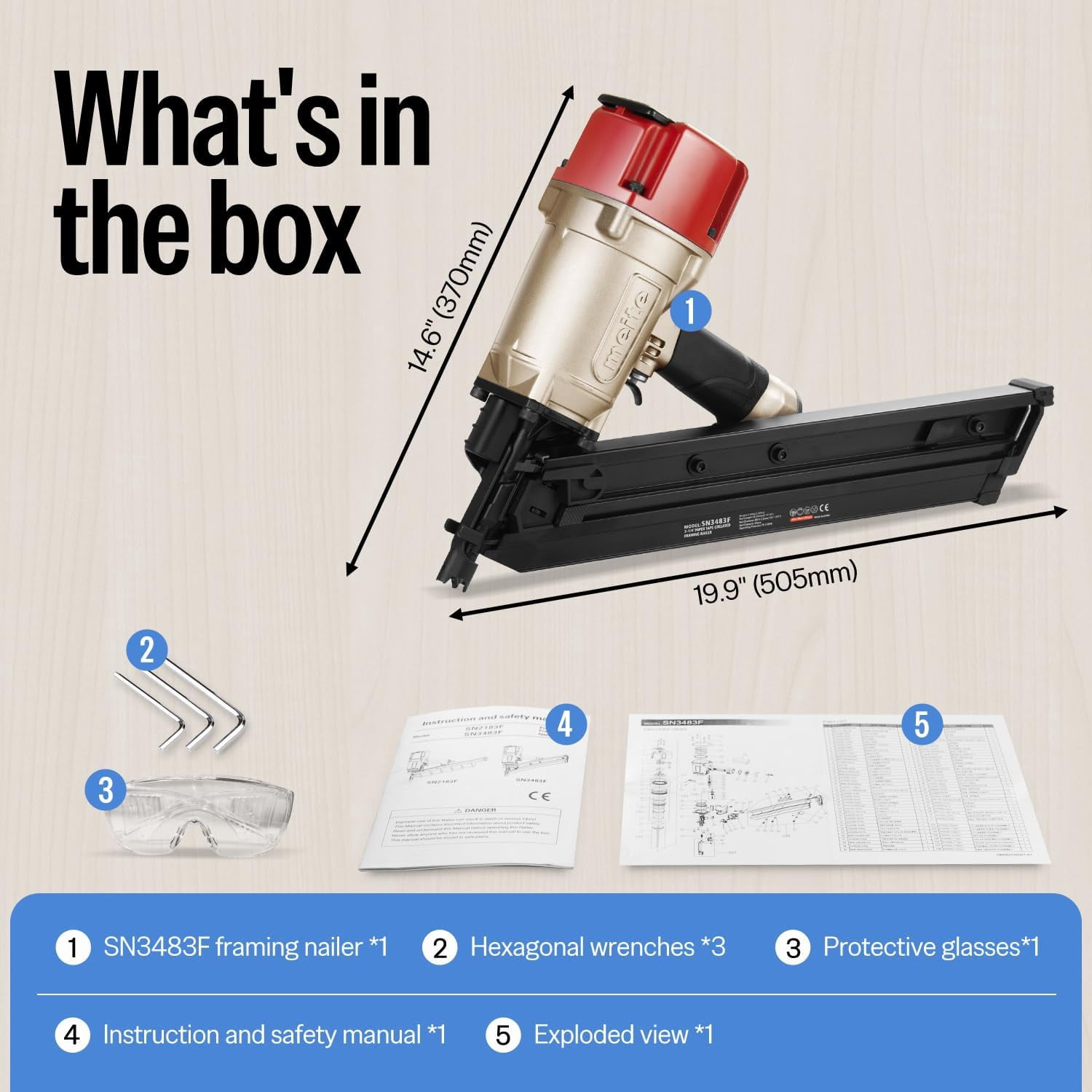 MEITE SN3483F Pneumatic Framing Nailer Accepts 2-Inch up to 3-1/4-Inch with 30 Degree Angled Paper Collated Framing Nails