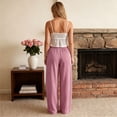 thumbnail image 4 of Domzest Striped Pants for Women Drawstring Elastic High Waist Wide Leg Linen Blend Trousers Casual Comfy Palazzo Pants with Pockets Pink L, 4 of 5