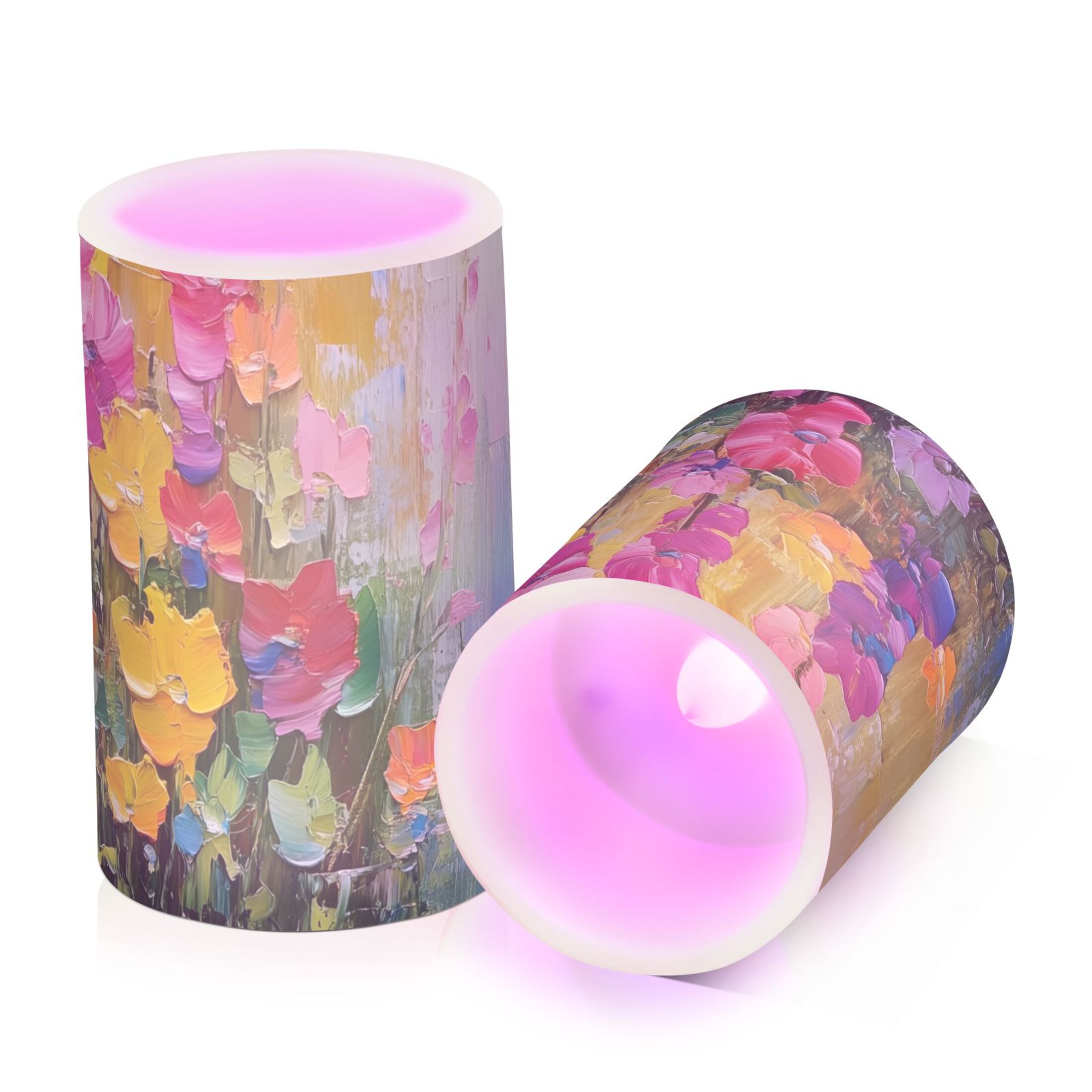Spring Flowers in Bloom Flickering Flameless Candles Battery Operated with Remote Timer LED Pillar Candles Set of 2