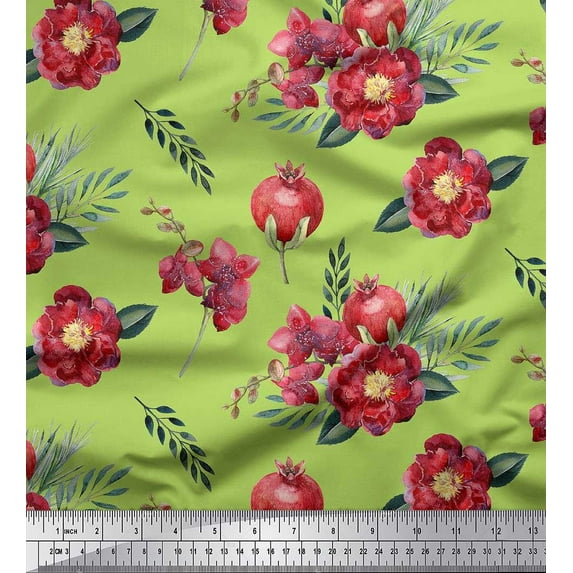 Soimoi Green Satin Silk Fabric Leaves,Pomegranate & Floral Print Sewing Fabric BTY 42 Inch Wide