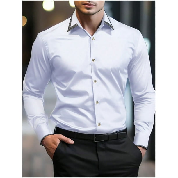 pstuiky camisa de manga larga para hombre, Camisa informal de verano para hombre, con cuello, botones y bolsillos, color liso camisetas de hombre s
