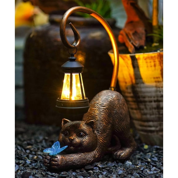 Solar Cat Garden Statue for Outdoor: Outside Sculptures Decor for Art Patio Balcony Yard Lawn – Unique Birthday Gift for Women Mom Grandma